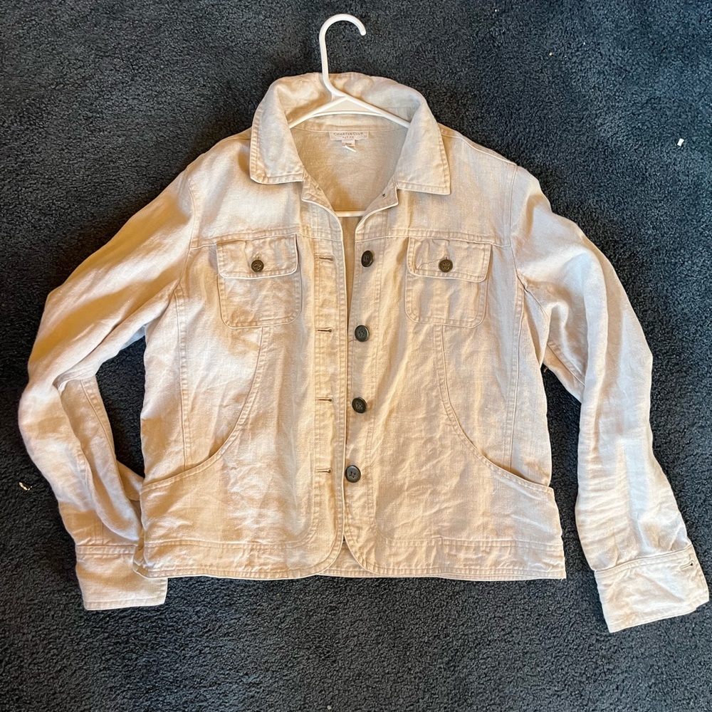 Charter Club Beige Button-Up Linen Jacket
